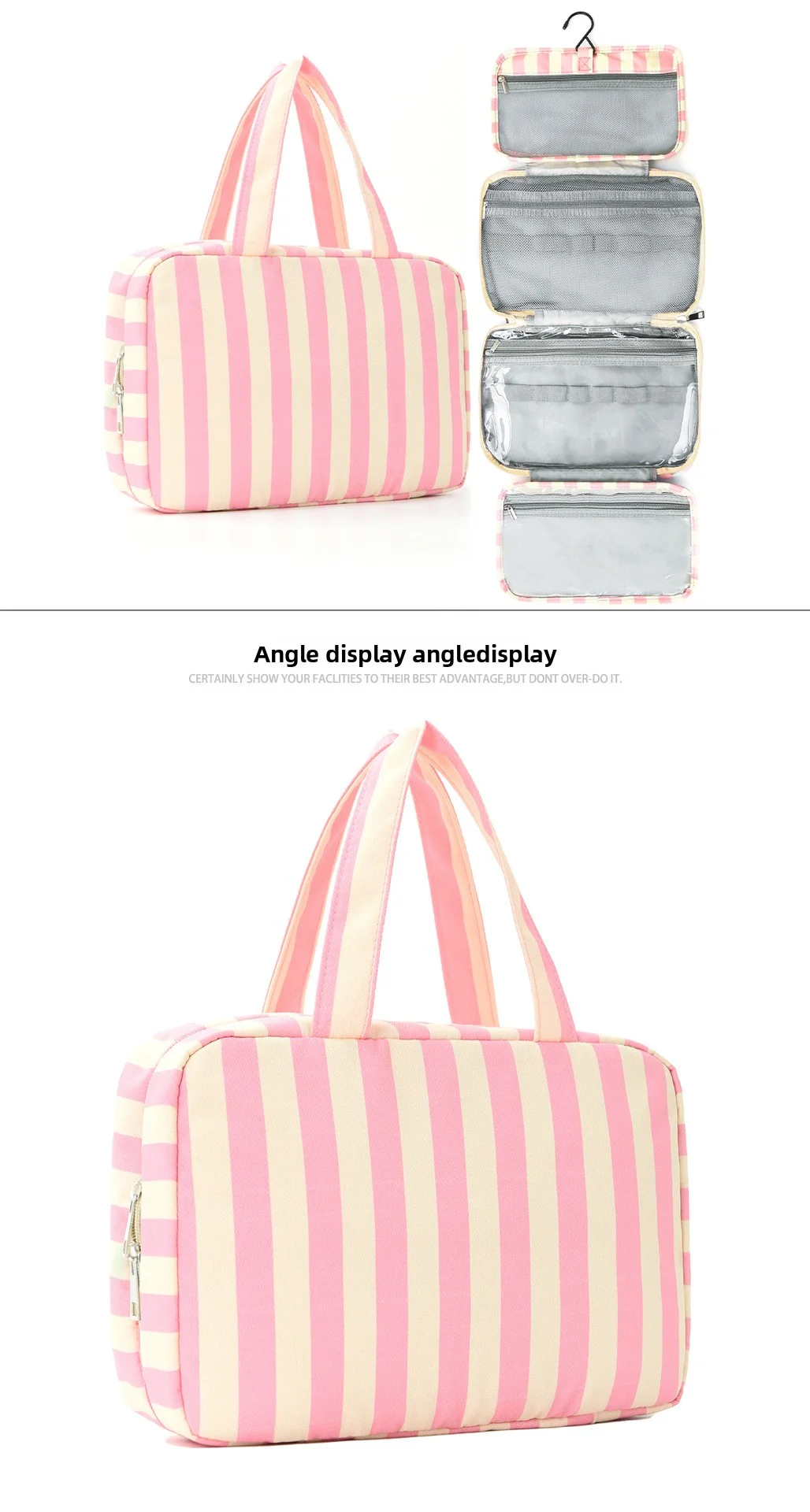 Striped hook-style makeup bag with four compartments, striped travel business trip large-capacity foldable toiletry bag, multifu