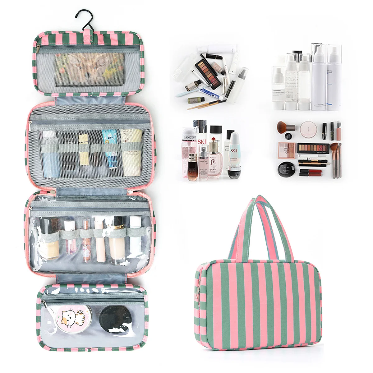 Striped hook-style makeup bag with four compartments, striped travel business trip large-capacity foldable toiletry bag, multifu