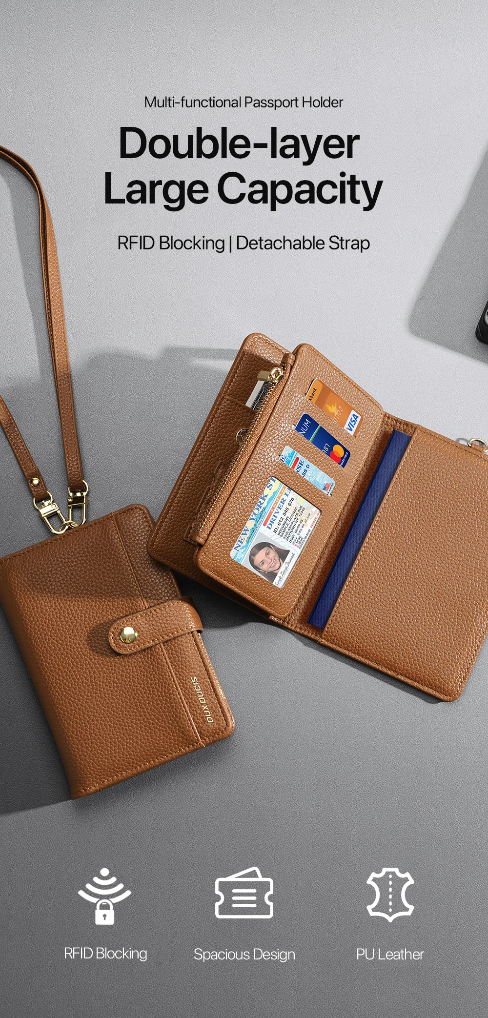 New Large Capacity Unisex Passport Holder Wallet - RFID Blocking PU Leather Travel Card Organizer with Money Clip