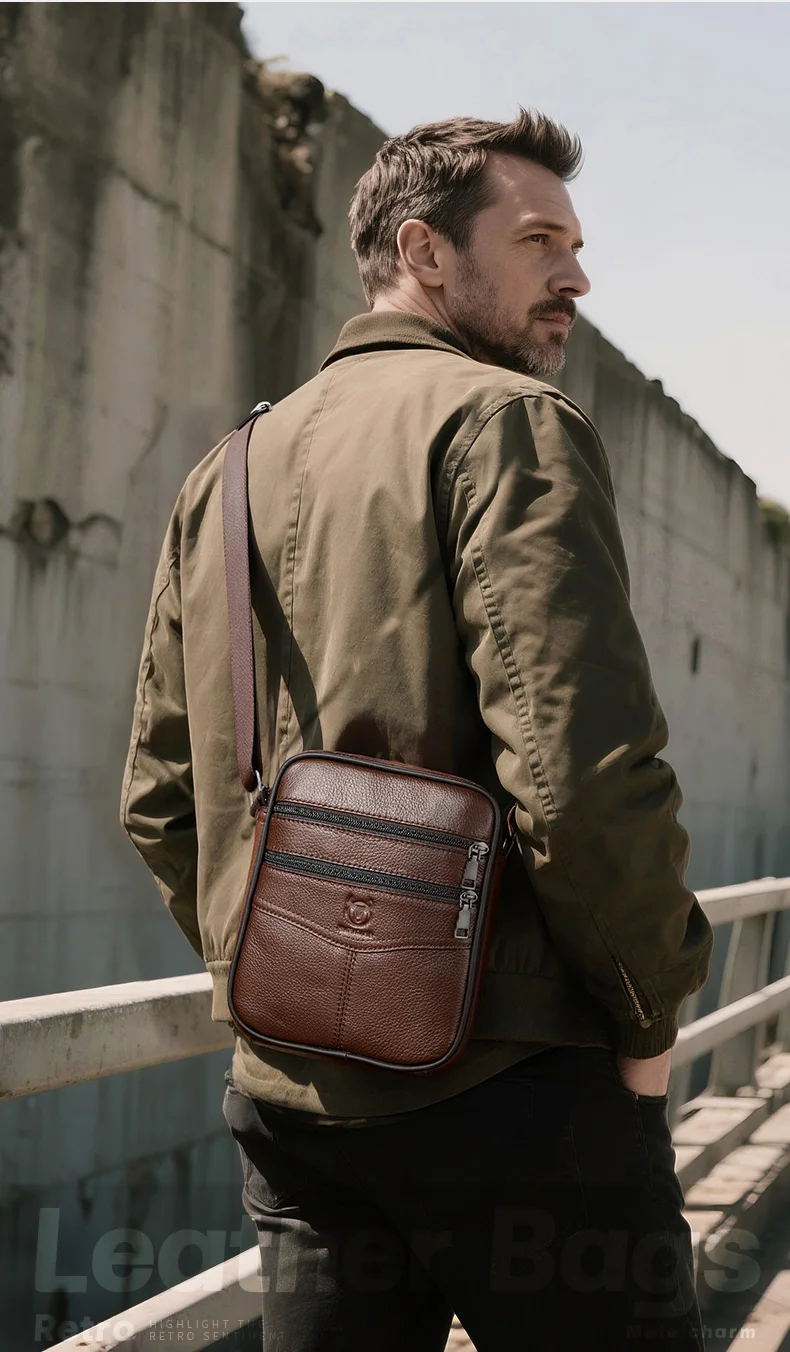 BULLCAPTAIN Men's Leather Shoulder Bag Multifunctional and High-Capacity Cowhide Crossbody Bag Handbag Casual Messenger Bag