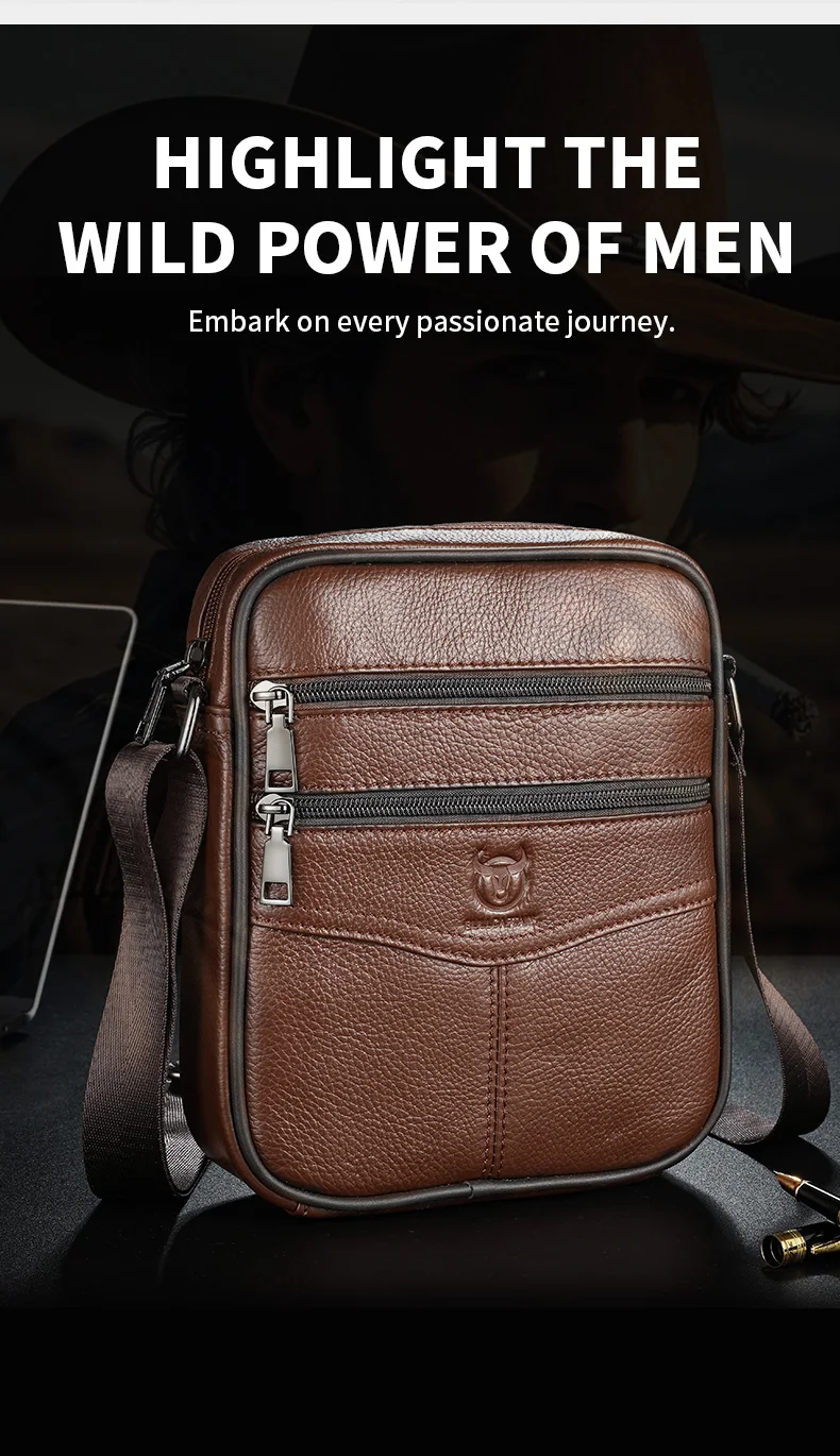 BULLCAPTAIN Men's Leather Shoulder Bag Multifunctional and High-Capacity Cowhide Crossbody Bag Handbag Casual Messenger Bag