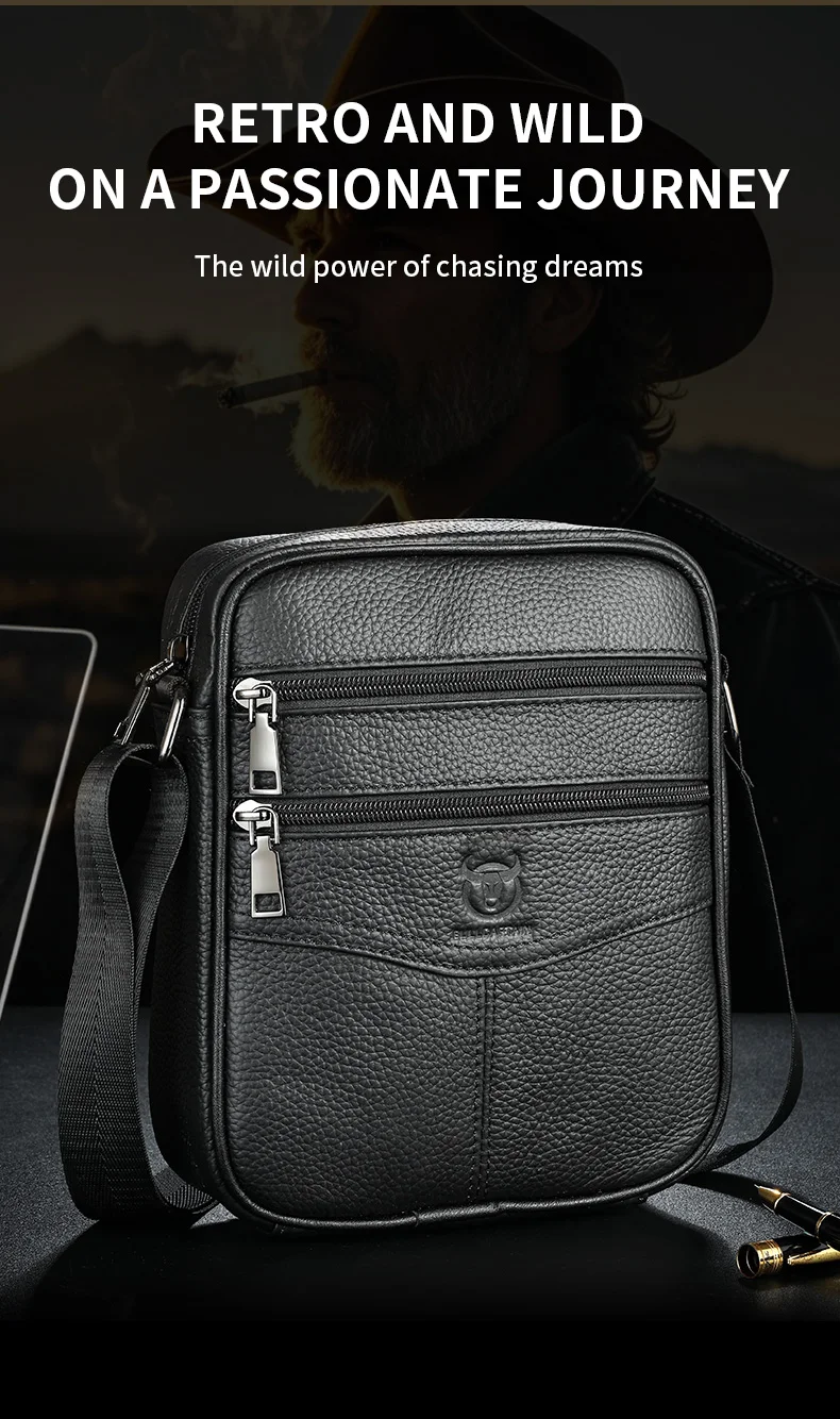 BULLCAPTAIN Men's Leather Shoulder Bag Multifunctional and High-Capacity Cowhide Crossbody Bag Handbag Casual Messenger Bag