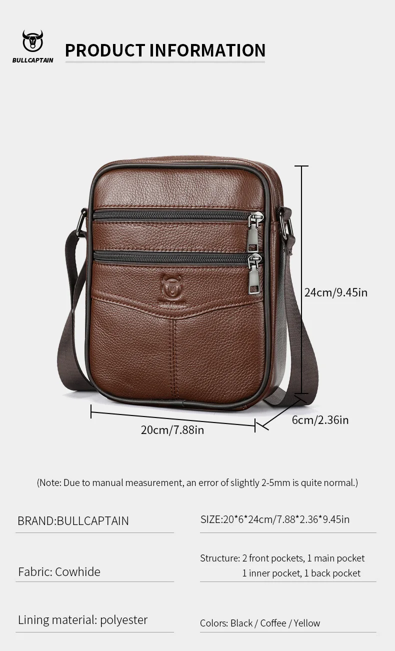 BULLCAPTAIN Men's Leather Shoulder Bag Multifunctional and High-Capacity Cowhide Crossbody Bag Handbag Casual Messenger Bag