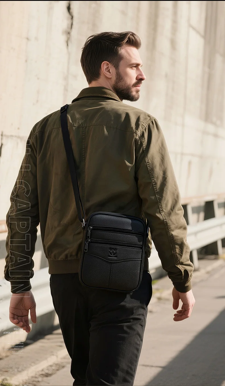 BULLCAPTAIN Men's Leather Shoulder Bag Multifunctional and High-Capacity Cowhide Crossbody Bag Handbag Casual Messenger Bag