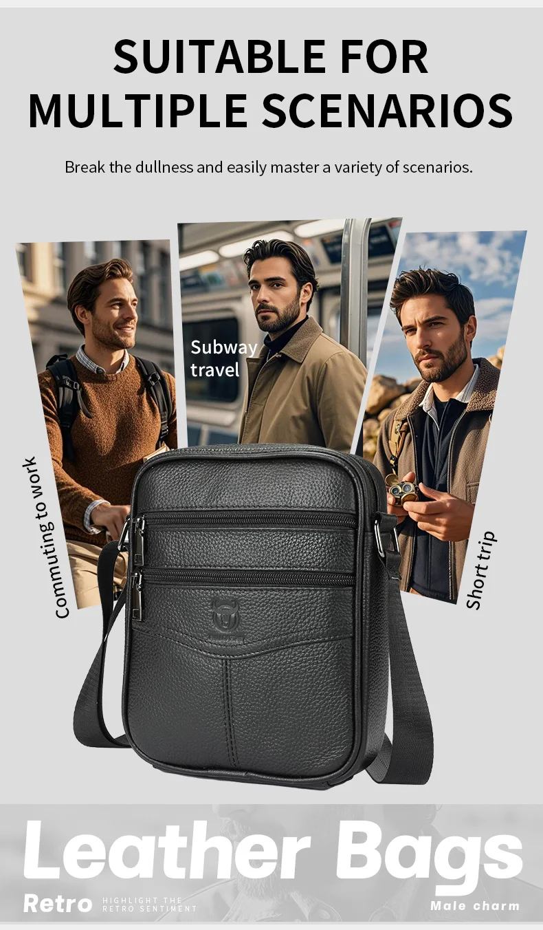 BULLCAPTAIN Men's Leather Shoulder Bag Multifunctional and High-Capacity Cowhide Crossbody Bag Handbag Casual Messenger Bag