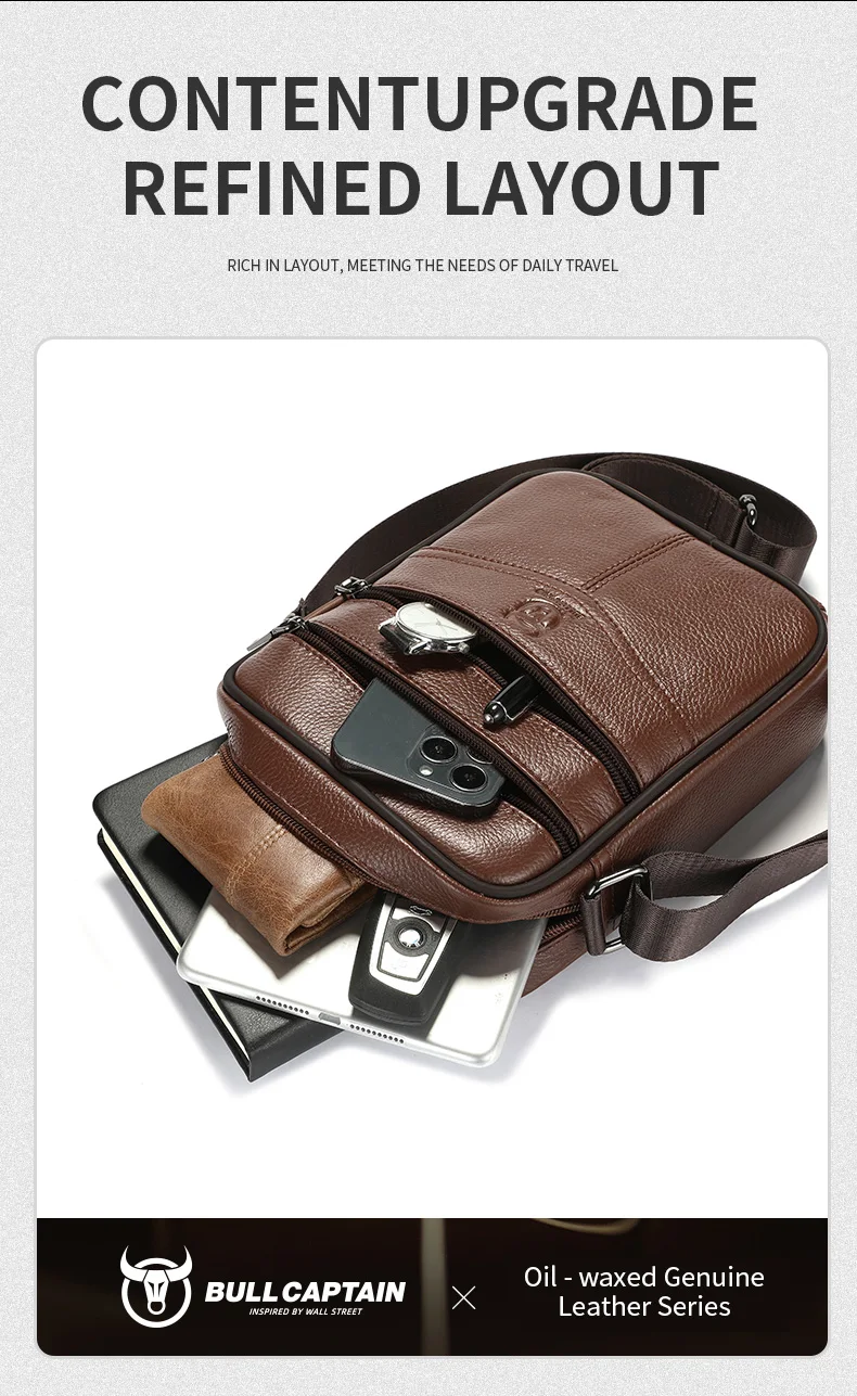BULLCAPTAIN Men's Leather Shoulder Bag Multifunctional and High-Capacity Cowhide Crossbody Bag Handbag Casual Messenger Bag