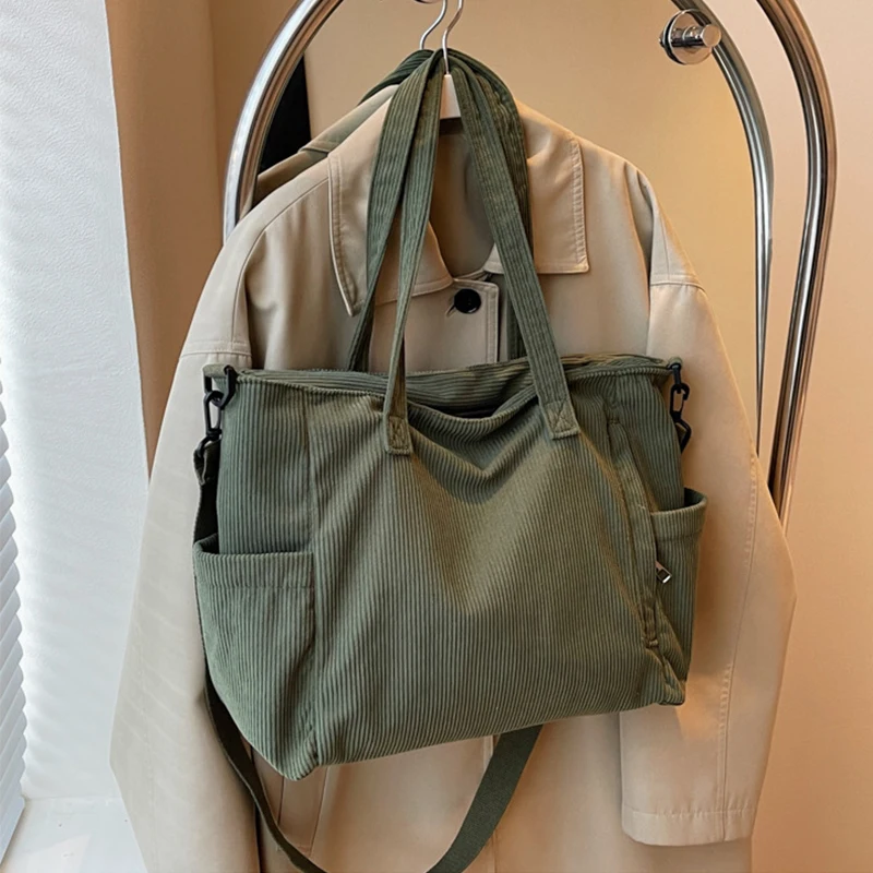 Women Corduroy Tote Bag Casual Multi Pocket Handbag Adjustable Strap Crossbody Sling Bag Zipper Shoulder Bag Fall Winter Bag
