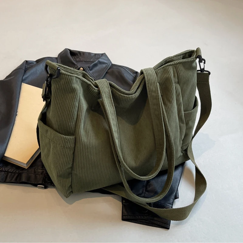 Women Corduroy Tote Bag Casual Multi Pocket Handbag Adjustable Strap Crossbody Sling Bag Zipper Shoulder Bag Fall Winter Bag