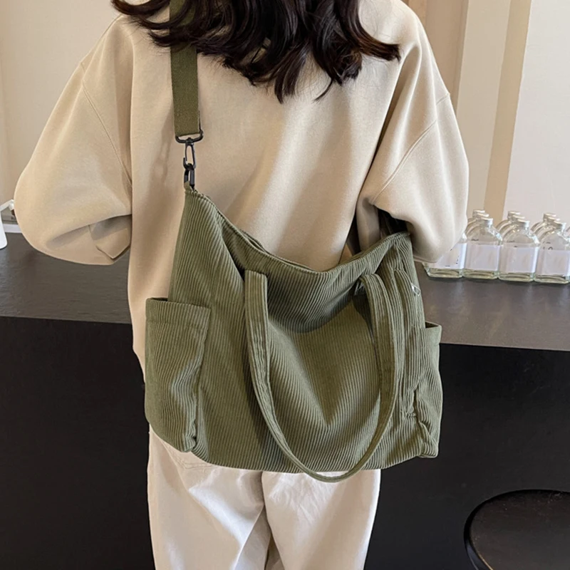 Women Corduroy Tote Bag Casual Multi Pocket Handbag Adjustable Strap Crossbody Sling Bag Zipper Shoulder Bag Fall Winter Bag