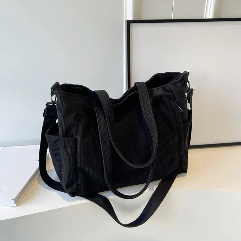 Women Corduroy Tote Bag Casual Multi Pocket Handbag Adjustable Strap Crossbody Sling Bag Zipper Shoulder Bag Fall Winter Bag