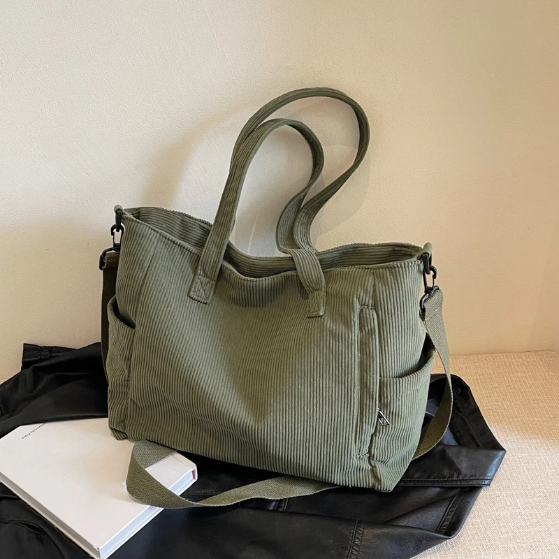 Women Corduroy Tote Bag Casual Multi Pocket Handbag Adjustable Strap Crossbody Sling Bag Zipper Shoulder Bag Fall Winter Bag