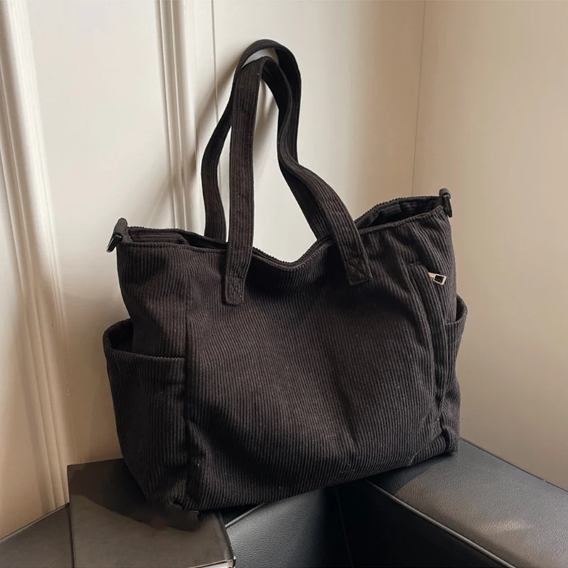 Women Corduroy Tote Bag Casual Multi Pocket Handbag Adjustable Strap Crossbody Sling Bag Zipper Shoulder Bag Fall Winter Bag