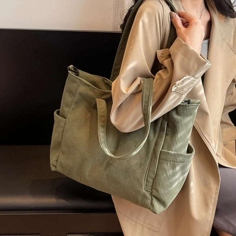 Women Corduroy Tote Bag Casual Multi Pocket Handbag Adjustable Strap Crossbody Sling Bag Zipper Shoulder Bag Fall Winter Bag