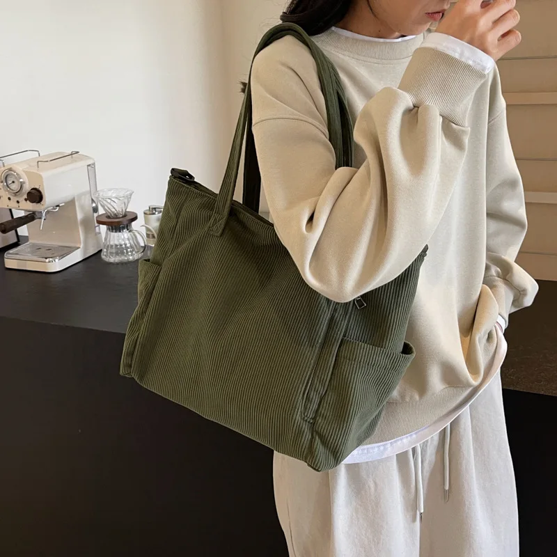 Women Corduroy Tote Bag Casual Multi Pocket Handbag Adjustable Strap Crossbody Sling Bag Zipper Shoulder Bag Fall Winter Bag
