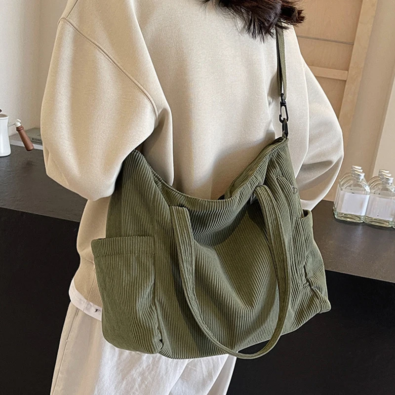 Women Corduroy Tote Bag Casual Multi Pocket Handbag Adjustable Strap Crossbody Sling Bag Zipper Shoulder Bag Fall Winter Bag