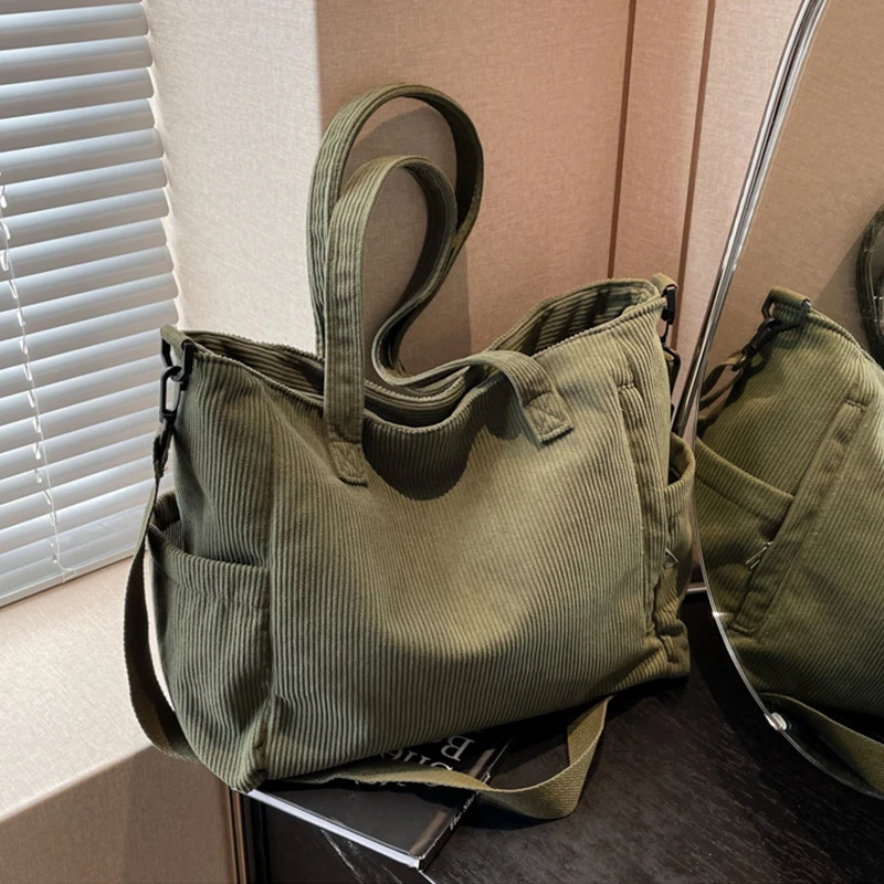 Women Corduroy Tote Bag Casual Multi Pocket Handbag Adjustable Strap Crossbody Sling Bag Zipper Shoulder Bag Fall Winter Bag