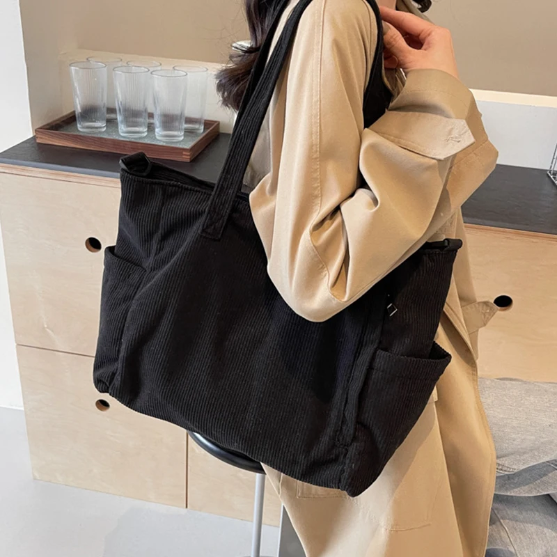 Women Corduroy Tote Bag Casual Multi Pocket Handbag Adjustable Strap Crossbody Sling Bag Zipper Shoulder Bag Fall Winter Bag