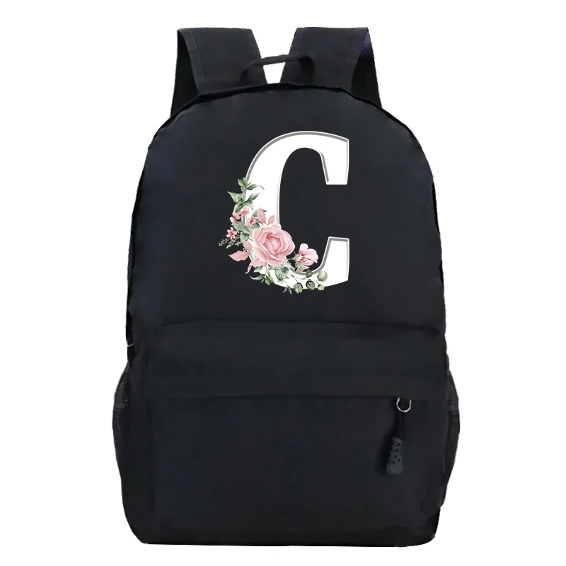 College Student Ladies Pink Floral Alphabet White Print Backpack Women Flower Harajuku SchoolBags Female Rose Letter Shouder Bag