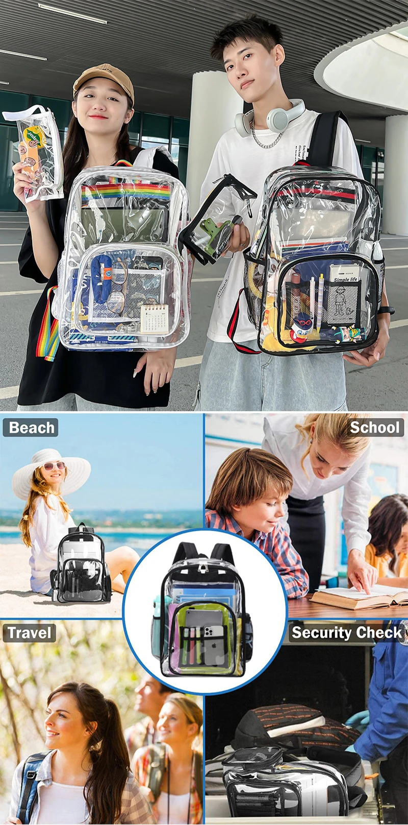 Transparent Shoulder Bag Unisex Fashion Simple Large Capacity Portable Backpacks Multifunctional Waterproof Male Female Knapsack