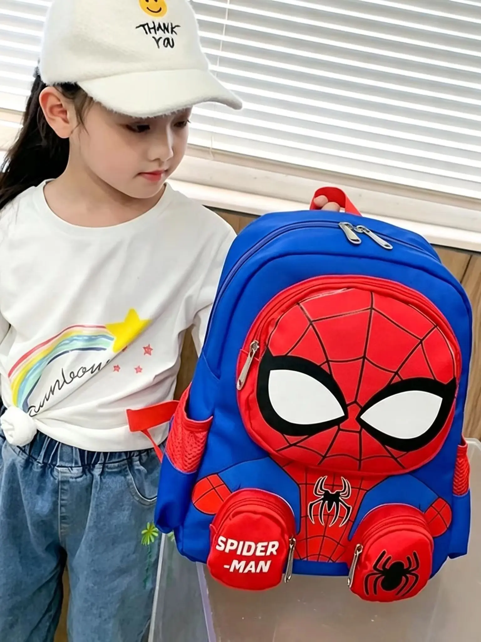 1Pc Mesuca 3D Little Spider Kids Backpack, Cartoon Supes Kindergarten School Bag, Boys Light‑Weight Oxford Cloth Shoulder Bookbag With Small Coin Pouches, Children Daily Travel Backpack Gift