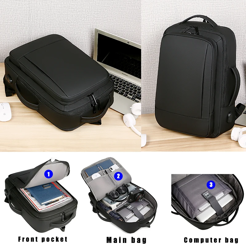 1Pcs Expandable Travel Backpack, Business casual men's backpack,with USB charging,waterproof fabric,suitable for daily commuting
