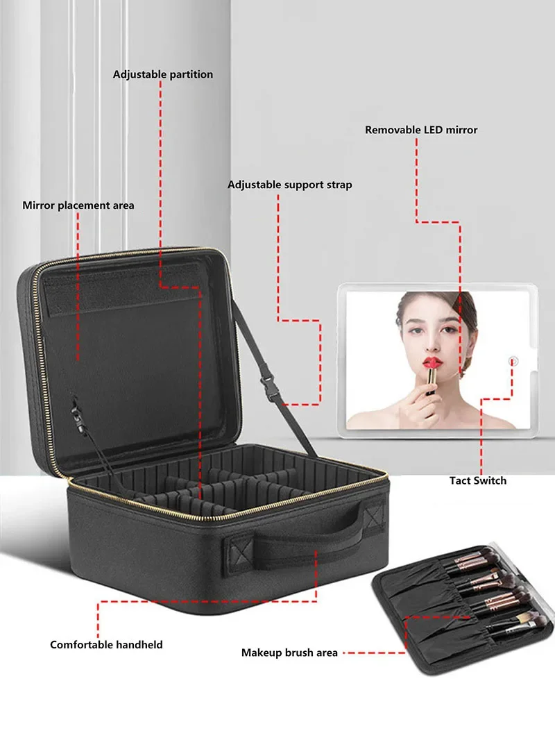 Smart LED Cosmetic Case With Mirror Travel Makeup Bag Large Capacity Female Beautician Skincare Product Makeup Case For Women