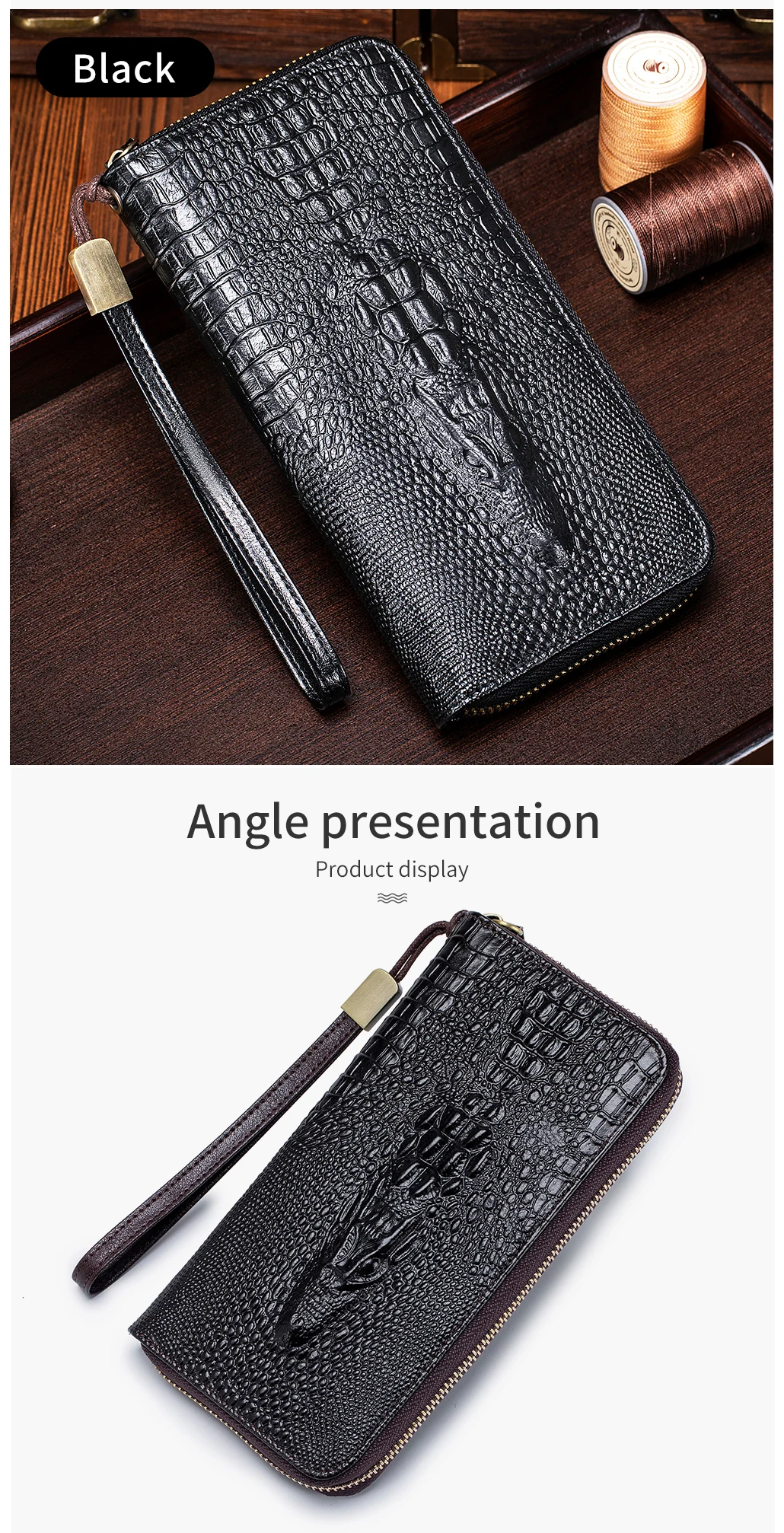 Genuine leather long crocodile patterned top layer cowhide zipper wallet, multiple card anti-theft brush wallet