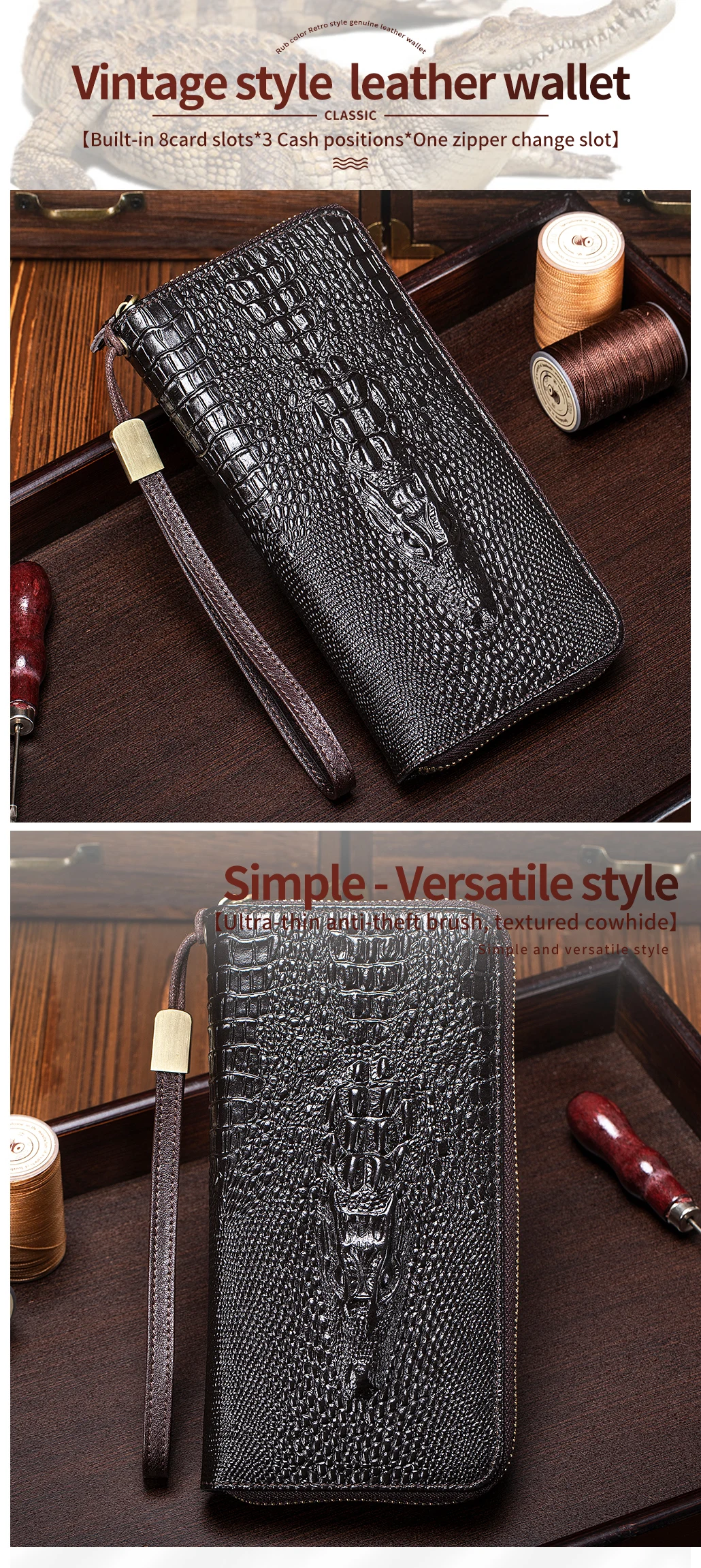 Genuine leather long crocodile patterned top layer cowhide zipper wallet, multiple card anti-theft brush wallet