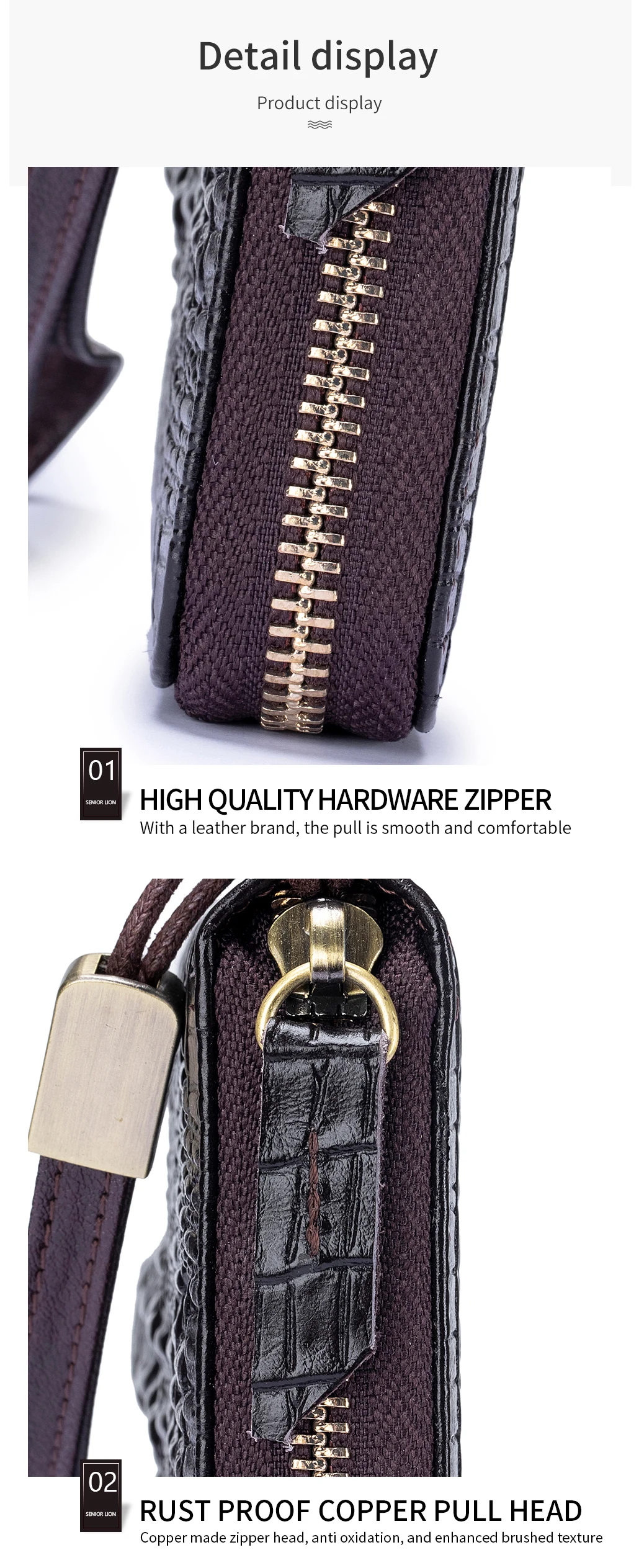 Genuine leather long crocodile patterned top layer cowhide zipper wallet, multiple card anti-theft brush wallet