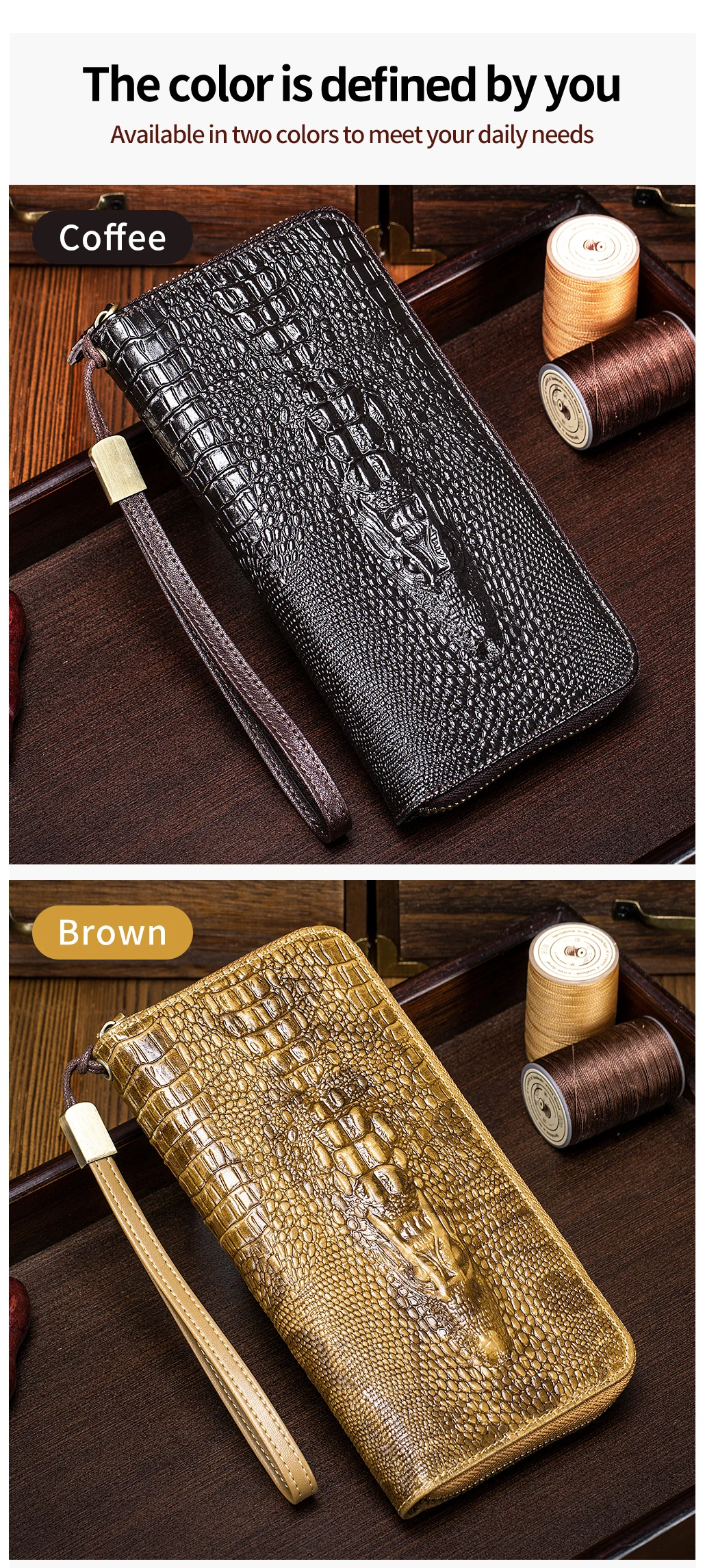 Genuine leather long crocodile patterned top layer cowhide zipper wallet, multiple card anti-theft brush wallet