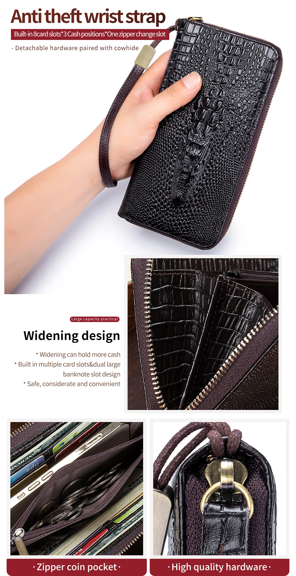 Genuine leather long crocodile patterned top layer cowhide zipper wallet, multiple card anti-theft brush wallet
