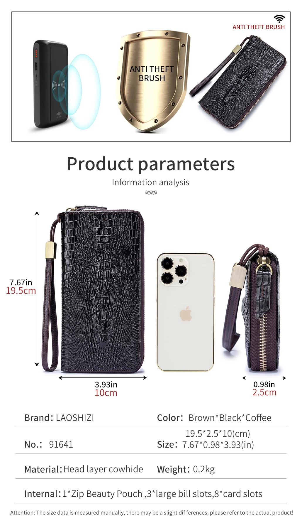 Genuine leather long crocodile patterned top layer cowhide zipper wallet, multiple card anti-theft brush wallet
