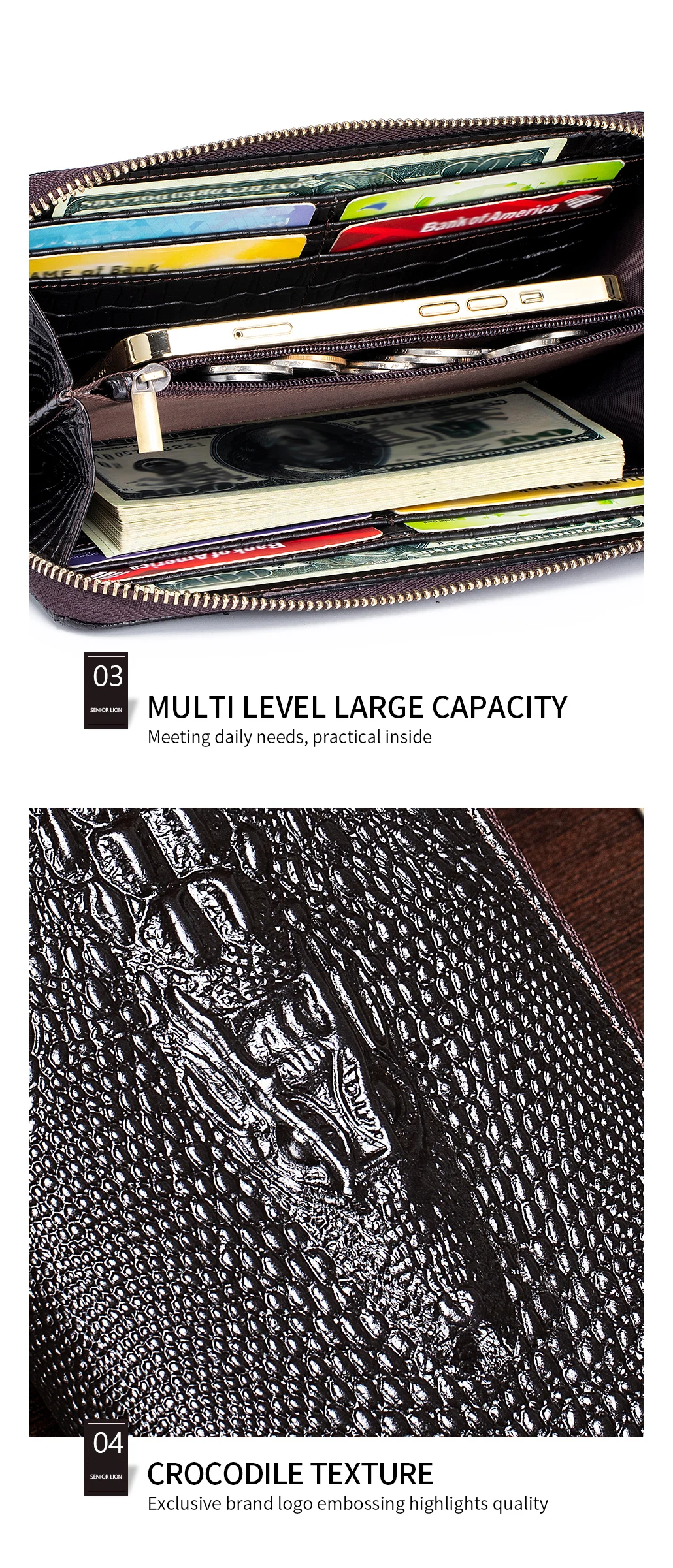 Genuine leather long crocodile patterned top layer cowhide zipper wallet, multiple card anti-theft brush wallet
