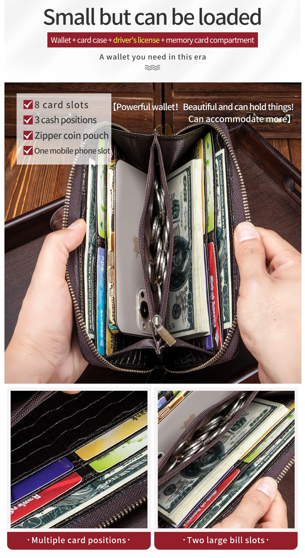 Genuine leather long crocodile patterned top layer cowhide zipper wallet, multiple card anti-theft brush wallet