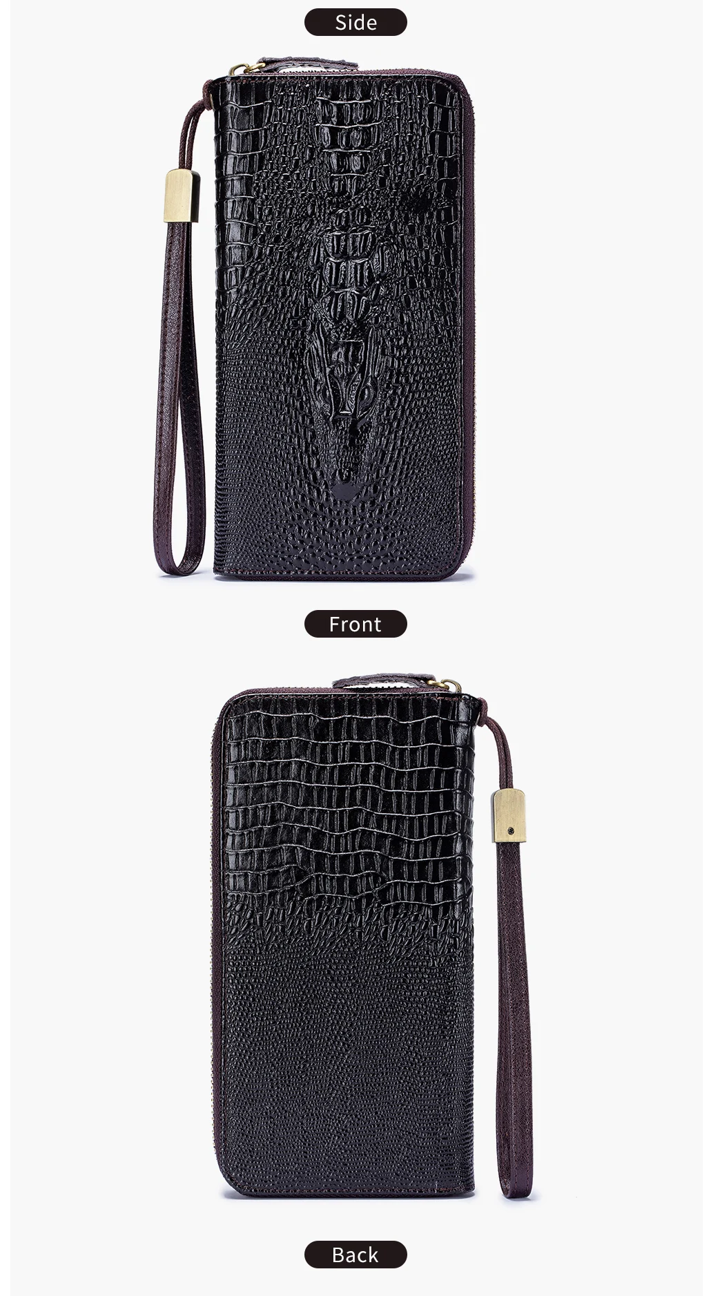 Genuine leather long crocodile patterned top layer cowhide zipper wallet, multiple card anti-theft brush wallet