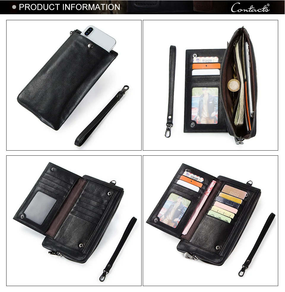 CONTACT'S Genuine Leather Long Wallet for Men Bifold Zipper Men's Wallet Card Holder Coin Purse Money Clip Women's Purse Handbag