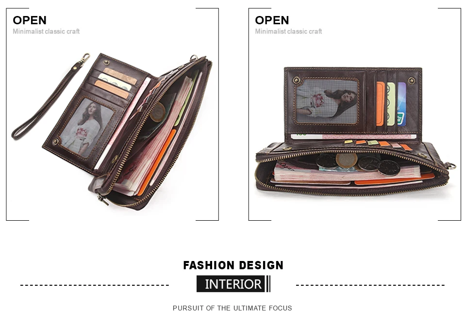 CONTACT'S Genuine Leather Long Wallet for Men Bifold Zipper Men's Wallet Card Holder Coin Purse Money Clip Women's Purse Handbag
