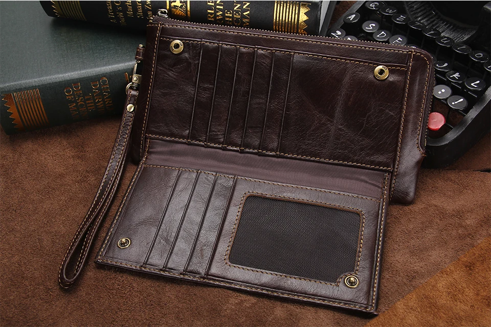 CONTACT'S Genuine Leather Long Wallet for Men Bifold Zipper Men's Wallet Card Holder Coin Purse Money Clip Women's Purse Handbag