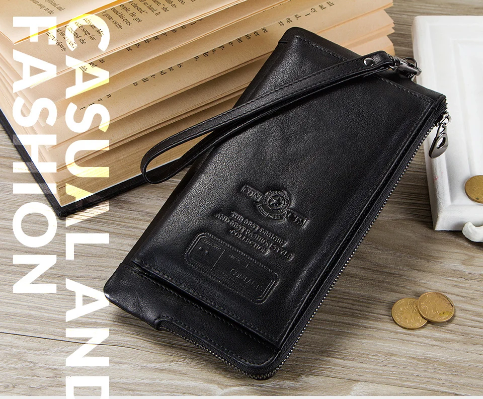 CONTACT'S Genuine Leather Long Wallet for Men Bifold Zipper Men's Wallet Card Holder Coin Purse Money Clip Women's Purse Handbag