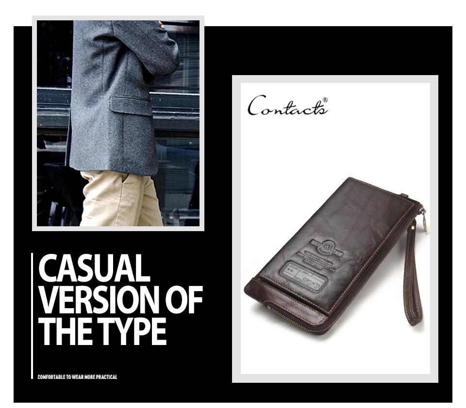 CONTACT'S Genuine Leather Long Wallet for Men Bifold Zipper Men's Wallet Card Holder Coin Purse Money Clip Women's Purse Handbag