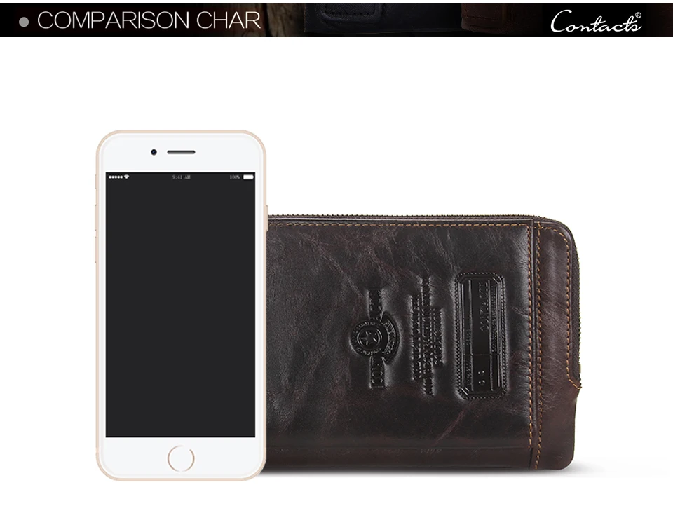 CONTACT'S Genuine Leather Long Wallet for Men Bifold Zipper Men's Wallet Card Holder Coin Purse Money Clip Women's Purse Handbag