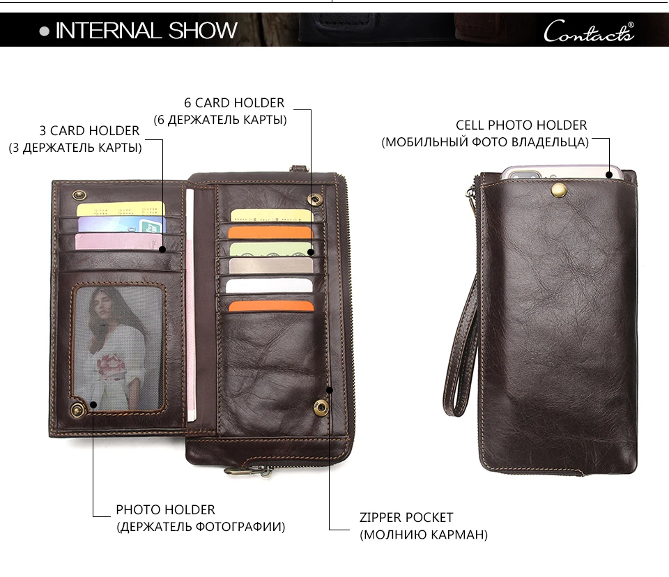 CONTACT'S Genuine Leather Long Wallet for Men Bifold Zipper Men's Wallet Card Holder Coin Purse Money Clip Women's Purse Handbag