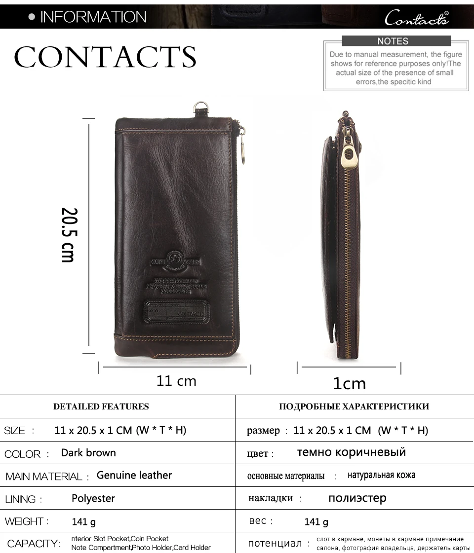 CONTACT'S Genuine Leather Long Wallet for Men Bifold Zipper Men's Wallet Card Holder Coin Purse Money Clip Women's Purse Handbag