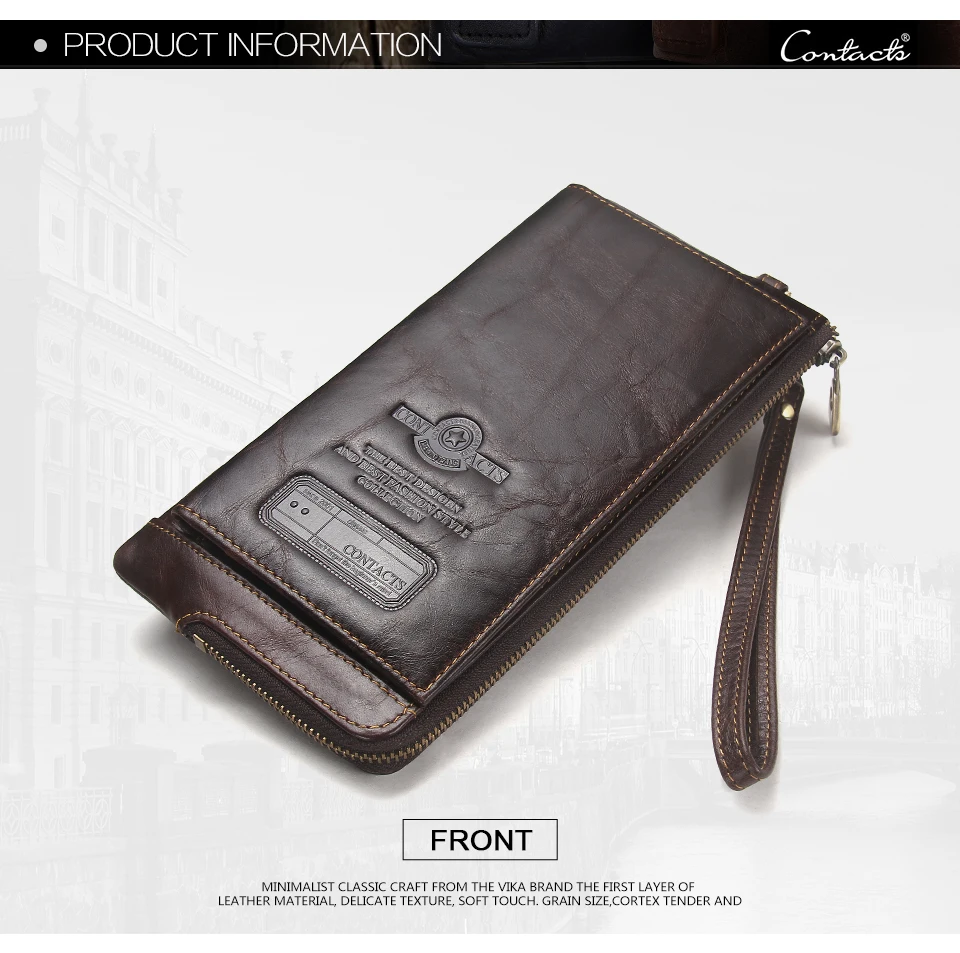 CONTACT'S Genuine Leather Long Wallet for Men Bifold Zipper Men's Wallet Card Holder Coin Purse Money Clip Women's Purse Handbag