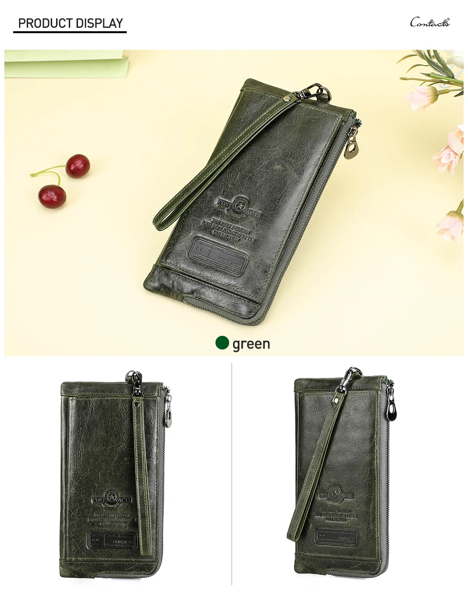 CONTACT'S Genuine Leather Long Wallet for Men Bifold Zipper Men's Wallet Card Holder Coin Purse Money Clip Women's Purse Handbag