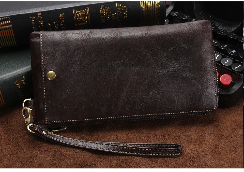 CONTACT'S Genuine Leather Long Wallet for Men Bifold Zipper Men's Wallet Card Holder Coin Purse Money Clip Women's Purse Handbag