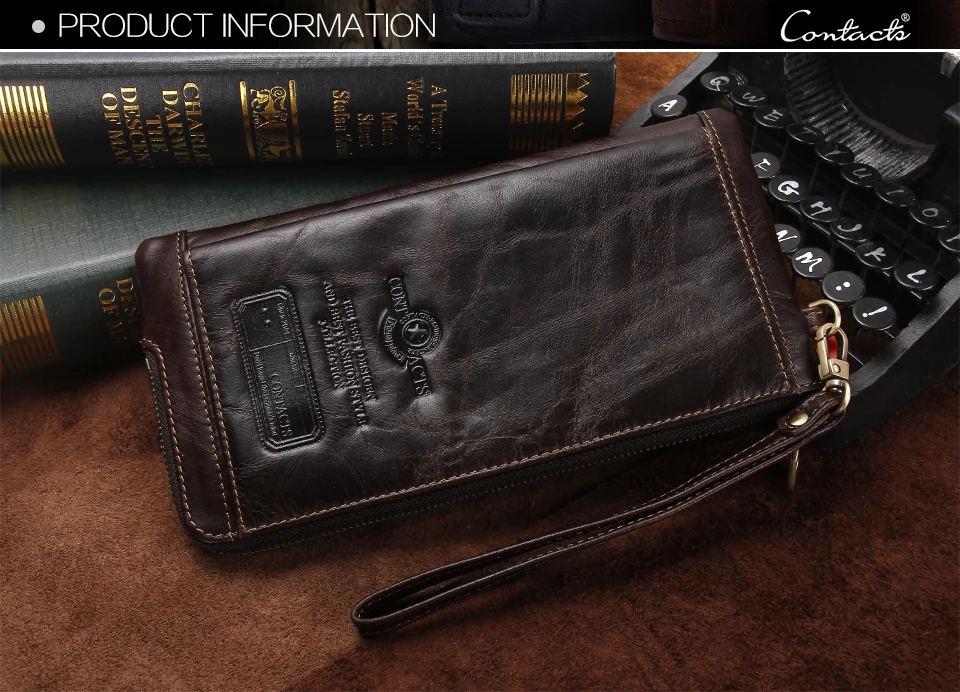 CONTACT'S Genuine Leather Long Wallet for Men Bifold Zipper Men's Wallet Card Holder Coin Purse Money Clip Women's Purse Handbag