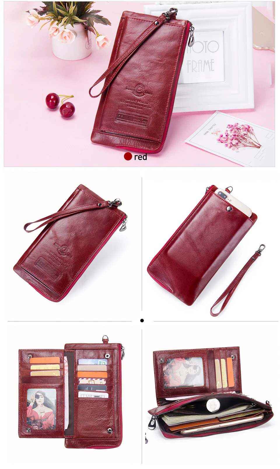 CONTACT'S Genuine Leather Long Wallet for Men Bifold Zipper Men's Wallet Card Holder Coin Purse Money Clip Women's Purse Handbag