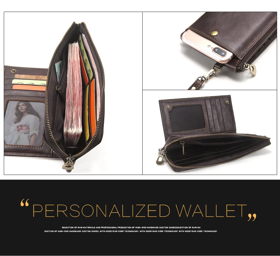 CONTACT'S Genuine Leather Long Wallet for Men Bifold Zipper Men's Wallet Card Holder Coin Purse Money Clip Women's Purse Handbag