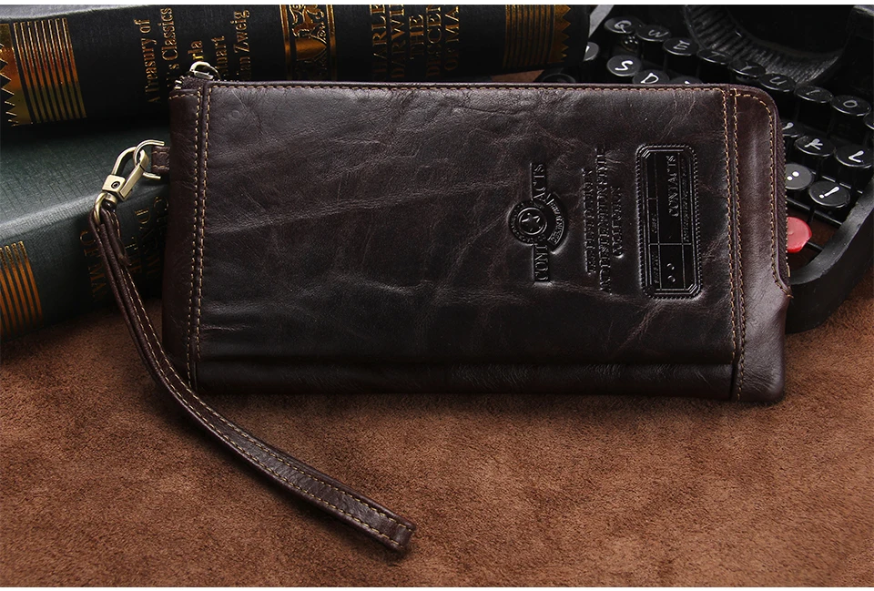 CONTACT'S Genuine Leather Long Wallet for Men Bifold Zipper Men's Wallet Card Holder Coin Purse Money Clip Women's Purse Handbag